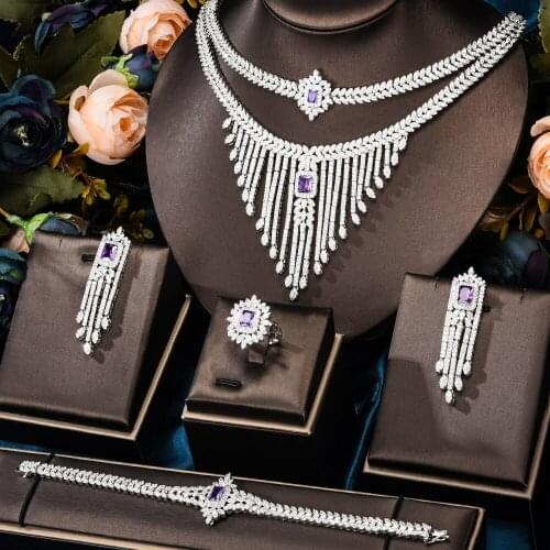 Brand New 4 PCS Shiny Full Cubic Zirconia Luxury Princess Bangle Earrings Necklace Ring Jewelry Set Brides Wedding Jewellery