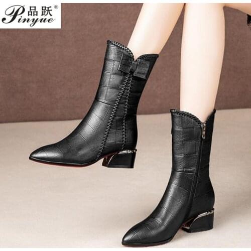 New Design Women Winter boots Chunky Middle Ladys Ankle Boot Leather Zipper Heel Martin Boot