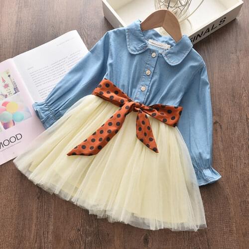 Girls Dress New Spring Girl Party Dresses Casual Jean Yarn Princess Dress Polka Dot Sashes Kids Children Clothing