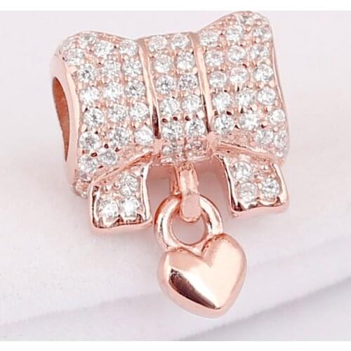 Original Rose Pave Love Heart And Bow With Crystal Pendant Beads Fit 925 Sterling Silver Bead Charm Bracelet DIY Jewelry