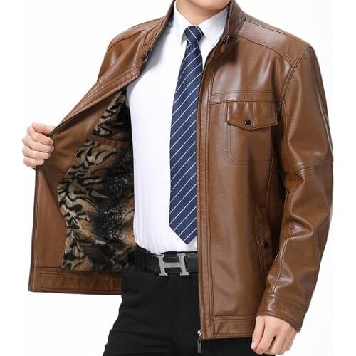 Business Casual Men Jacket Stand Collar Thicken Faux Winter Men' s PU Leather Jackets Coats