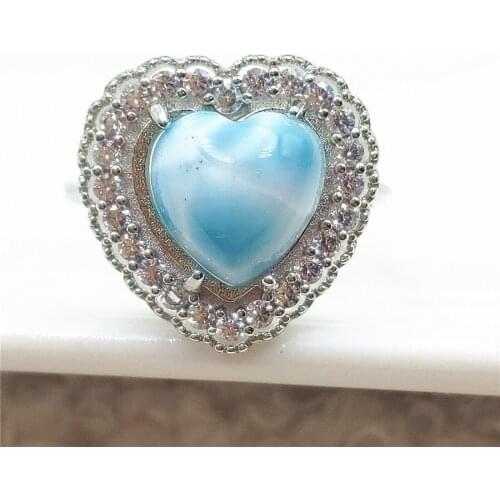 Dominia Namibia Natural Larimar Blue Heart Adjustable Ring 10x10mm Water Pattern Love Larimar 925 Sterling Silver AAAAAA