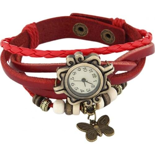 Adjustable Metal Fashion Weave Wrap Watches Wear Retro Bracelet Wristwatch Weave Wrap Faux Leather Butterfly Beads Pendant Chain