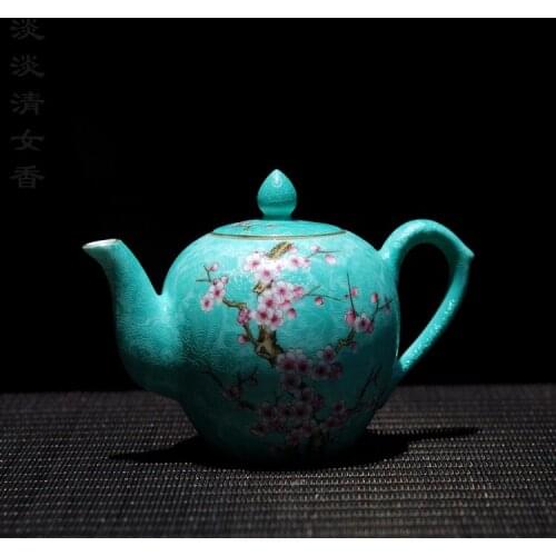 Hand-painted Pastel Rolling Road Plum Blossom Pattern Ceramci Teapot Hand-tied Fine Kung Fu Teaset