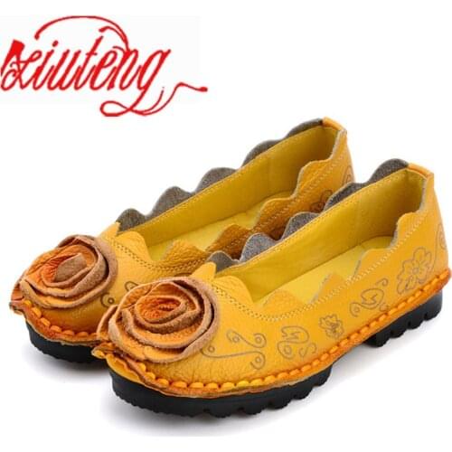Xiuteng 2020 Handmade Genuine Leather Shoes flat Flowers Single Shoes National Wind Comfortable Soft Bottom Summer Peas Shoes