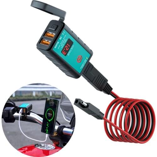 Motorcycle USB Charger Adapter Waterproof Voltmeter Motorbike 12V Power Supply Socket Fast Charging Dual Port for Phone GPS