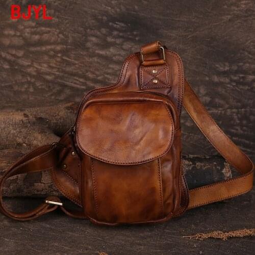 Vintage Chest Bag Men Leather Diagonal Cross Chest Bag Boys Small Shoulder Bags Handmade First Layer Cowhide Retro Tc