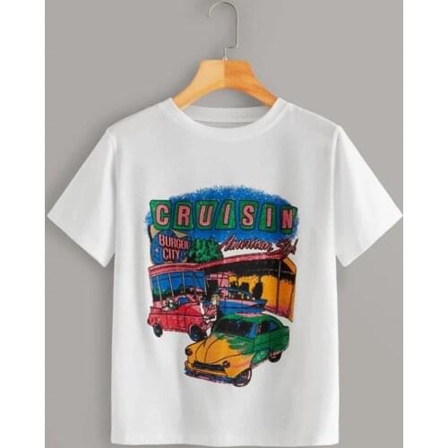 Womens Retro Car T-shirt Letter Print Cruisin Tops Kawaii Cute Funny Casual Harajuku Cool T-shirt Short Sleeve Crew Neck Top