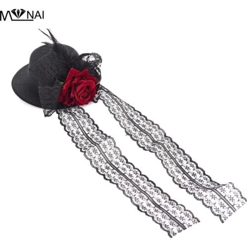 Women Gothic Fascinator Mini Top Hat Hair Clip Punk Rose Lace Bow Tie Feather Decoration Headwear Hair Accessories
