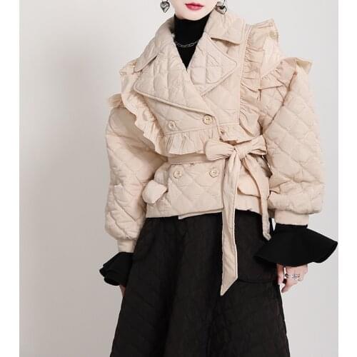 Women Vintage Parka Ruffle Bandage Short Winter Coat Women Casual Black Womens Winter Jackets Coats 2020 Fashion Clothing