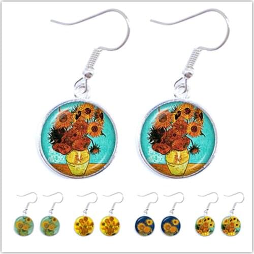 Van Gogh Oil Painting Drop Earrings Women Fashion 16mm Glass Cabochon Earings Starry Night Sunflower Jewelry Women Girl Gifts