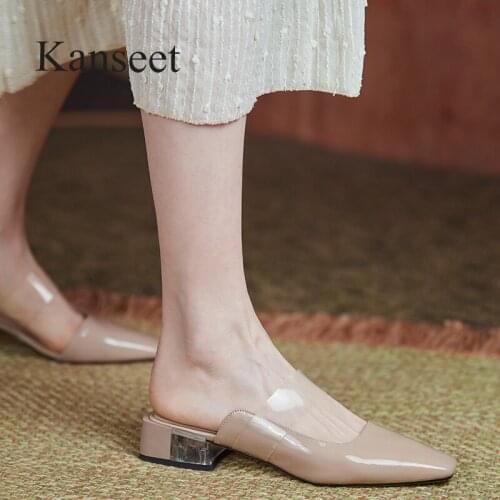 Kanseet 2021 New Women Shoes Spring Autumn Genuine Leather Mules Handmade Square Toes Fashion Design Thick Mid Heels Slippers