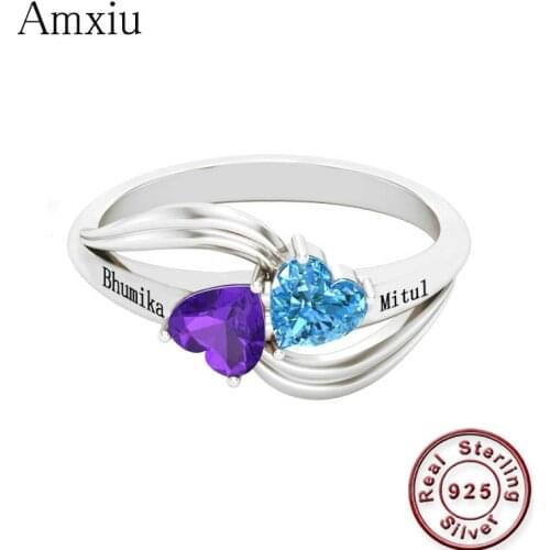Amxiu Personalized Gift Birthstone Engraved Name Rings For Women Promise Love Heart Ring 925 Sterling Silver Anniversary Jewelry