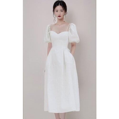 2020 New Fashion Elegant White Puff Sleeves Party Dress Women Summer Vintage Square Collar Slim Princess Long Dresses Vestidos