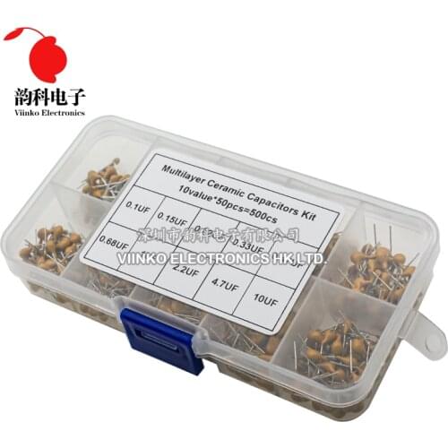 500pcs/lot 10Values*50pcs 0.1uF-10uF(104~106) 50V Multilayer Ceramic Capacitors Assorted Kit Assortment Set with Storage Box