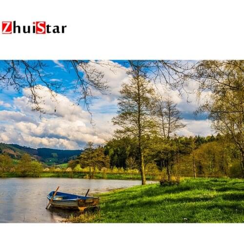 5D DIY Diamond Painting Landscape Tree Diamond Embroidery Boat Square Rhinestone Mosaic Cross Stitch Pattern Home Decor ZWQ