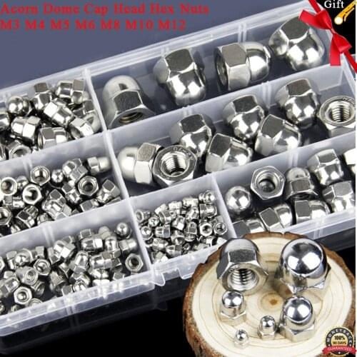172Pcs M5 M6 M8 M10 M12 Acorn Dome Cap Head Hex Nuts Assortment Kit 304 Stainless Steel Round Head Cover Decorative Nut Metric