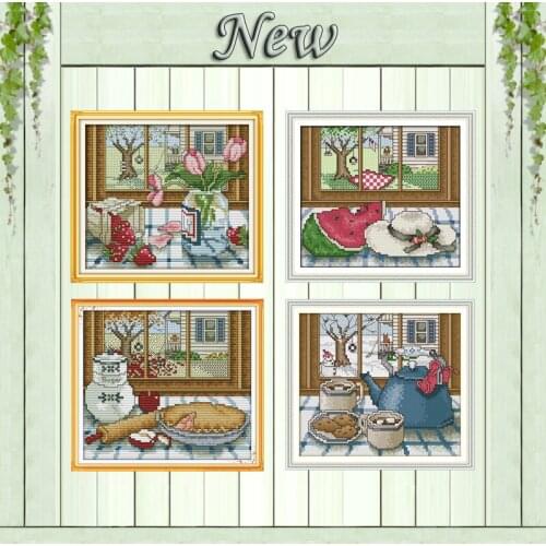 House fruits winter scenery painting counted printed on canvas DMC 11CT 14CT Chinese Cross Stitch kit embroidery needlework Sets