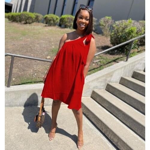 Echoine One Shoulder Strap Lace Up Sleeveless Mini Dress Pocket Solid Loose Beach Party Night Club Bandage Female Elegant Dress