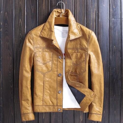 Mens Sheepskin Coat Genuine Leather Jacket Men Yellow Vintage Motorcycle Jacket Spring Autumn Deri Mont WpJY815 KJ4121