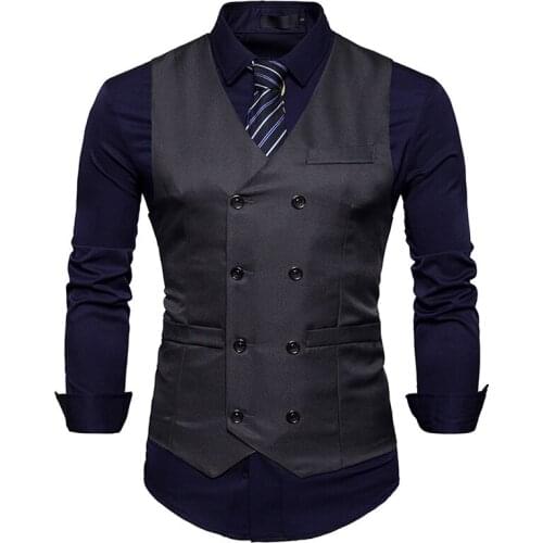 2020 New Arrival Black Vests For Business Men Double Breasted Slim Fit Mens Suit Vest Male Waistcoat Gilet Homme Blue Sleeveless