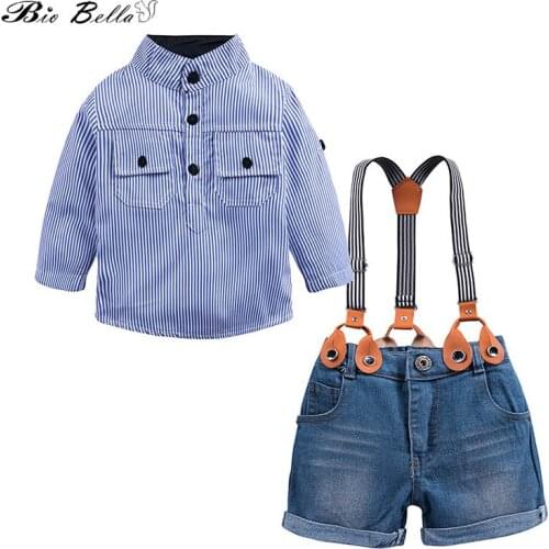 New Boys Spring Autumn Suit Kids 2Pcs Striped Formal Suspender Suit Baby Boys Cotton Blended Gentle Costume Boy Vest Outfit