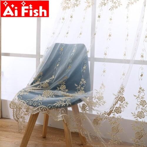 Luxury Gold Floral Curtain Tulle Window Sheer Curtain For Living Room Lace Voile Bedroom Kitchen Window Screening Panel ZH001-4