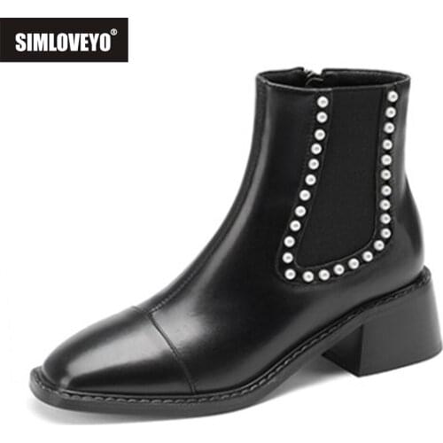 SIMLOVEYO 2021 New Designer Brand Ankle Boots for Women Zip Beads Patchwork Mixed Color Square Low Heel Black White 31-43 S2438
