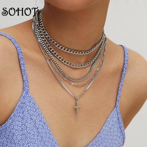 SOHOT 2020 Punk Multilayer Chain Chic Cross Pendant Women Choker Necklace Trendy Hiphop For Female Party Clavicle Jewelry