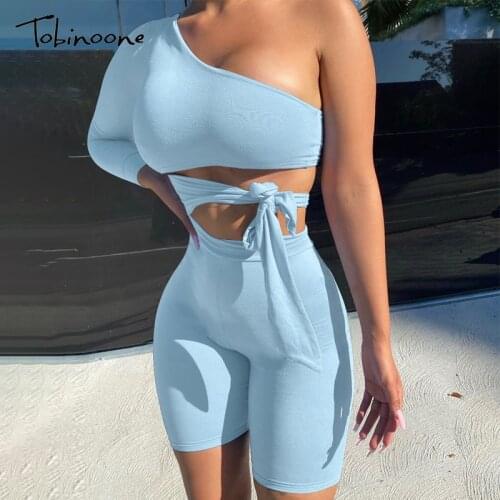 Tobinoone Asymmetrical Two Piece Sets Women Tracksuit Crop Tops+Elastic Bike Shorts Sporty Matching Suits Casual Female Outfit