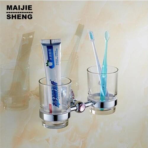 Home decoration bathroom double cup toothbrush holder chrome crystal style copper tumbler&cup holder wall mount bath product
