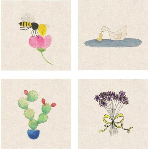 ZERZEEMOOY 15X15CM 4PC/LOT Hand Dyed Cotton Linen Fabric For DIY Sewing Quilting Patchwork Decor Cloth Bee Ducks Cactus Flower