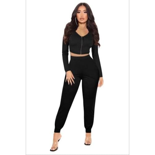 Autumn Women Solid Zipper Up Long Sleeve Crop Top Pencil Pants Suit Two Piece Set Casual Sporting Tracksuit Outfit
