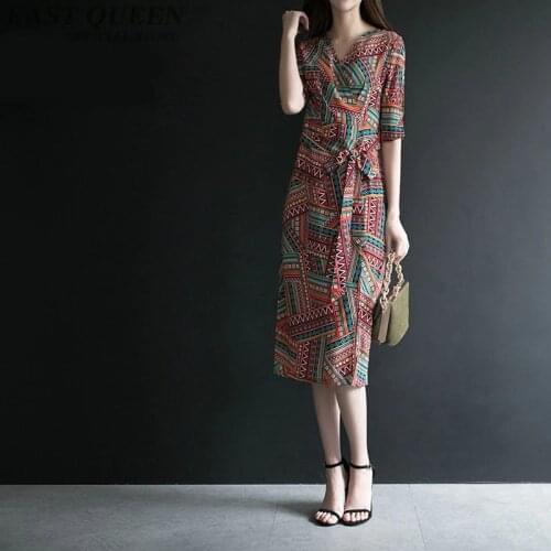 Ladies elegant boho mexican chic hippie dress female women sesy social business casual midi dress with belt DD967 L