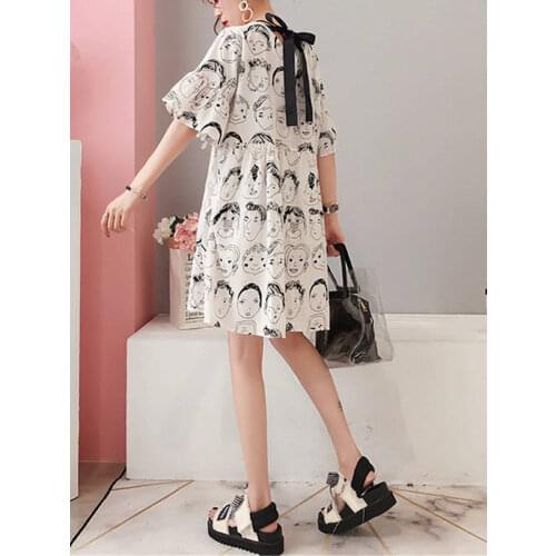 Women Elegant Cartoon Prinnt Dress short sleeve O neck female casual fashion chic dresses vestidos Harajuku Kawaii Dress girls