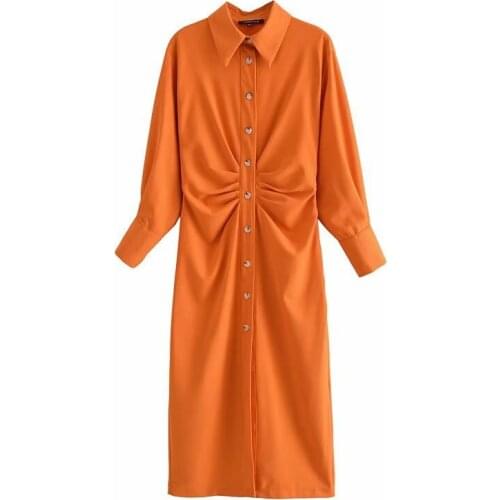 Summer Orange Midi Shirt Dresses Women Za 2021 Vintage Lapel Long Sleeve Dress Fashion Front Ruching Button Feminine Chi Mujer