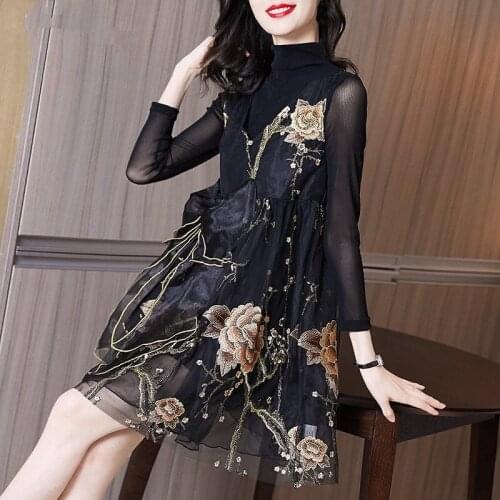 2021 Spring Fall Newly Women Clothing Turtleneck Embroidery Floral Dress , Woman Sweet Casual Flower Black Dresses