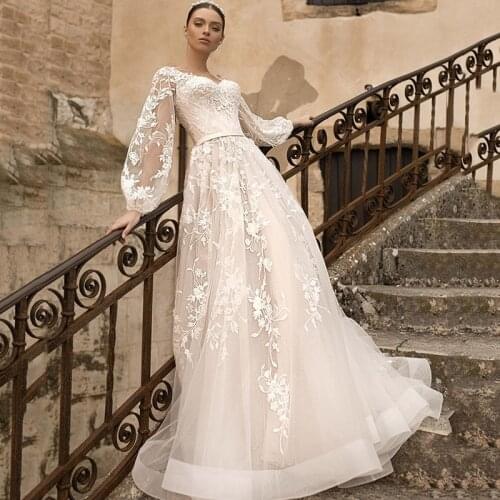 Robe de Mariage 2021 Elegant Champagne Wedding Dress Long Sleeve Lace Bride Dresses Women Castle Church Wedding Gowns Vintage