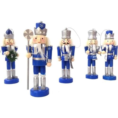5 Pcs Wooden Christmas Nutcracker Wearing Blue Uniform Soldier Puppet Doll Set Gift Box Decorative Ornaments Kings Puppet