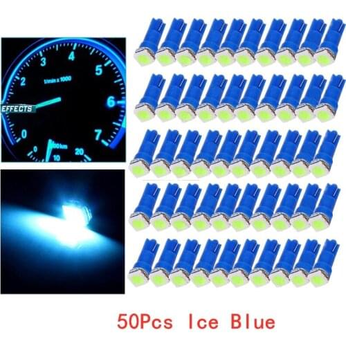50Pcs T5 5050 1SMD 12V Ice Blue Blub Wedge Dashboard LED Lights Bulbs Car Lnstrument Indicator AC Lamp Auto Interior Accessories
