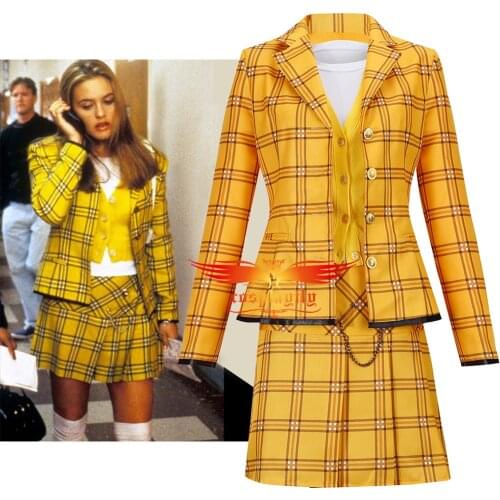 Anime Clueless Culturenik Cosplay Costume Outfits for Adult Women Girl Yellow Plaid Suit Jacket Shirt Skirt Halloween Carnival