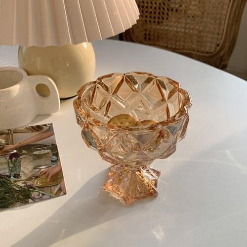 Korean Style Retro Amber Ice Cream Cup High Foot Bowl Breakfast Bowl Decoration Storage Ornaments Chic Glass Cup