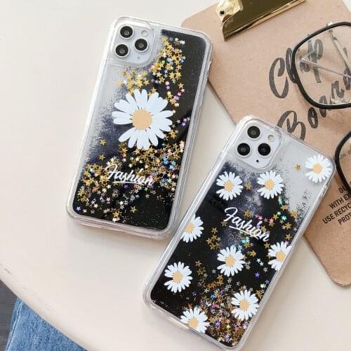 Black Pink Little Daisy Cover For iPhone 11 Pro Max 12 Mini XS XR X SE 2020 6S 7 8 Plus Case Shiny Bling Liquid Quicksand Clear