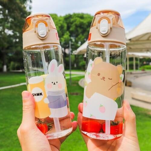 Outdoor Sports Travel School Use Leakproof Water Bottle Plastic Water Bottle Portable Cartoons Bear Cute Straw Cups Waterbottle