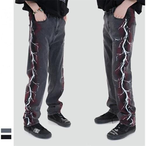 Fashion Streetwear Unisex Straight Jeans Hip Hop Dark Side Print Cowboy Trousers for Men Personality Casual Loose Denim Pants