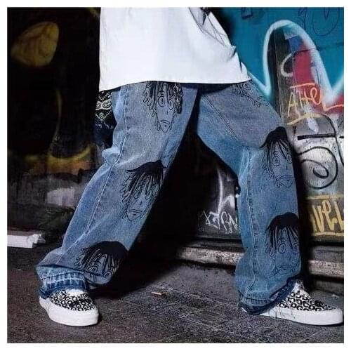Retro Jeans For Male High Street Hip Hop Head Print Wide Leg Jeans Mens Loose Straight Dad Long Pants Trend Versatile
