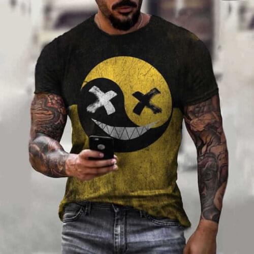 Mens T-Shirt 2021 Summer New Mens Cute Smiley Face 3D Digital Printing T-Shirt Loose Men Short Sleeves O-Neck Versatile Top