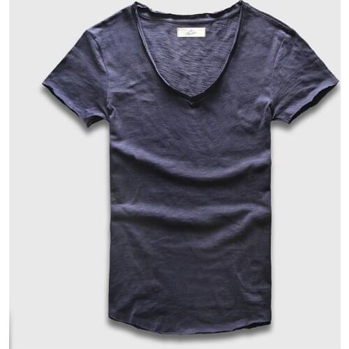 Zecmos Deep V Scoop Neck T-Shirt Men Basic Top Tees Men Casual Male Slim Fit T Shirt Luxury Curved Hem Navy Tee Muscle