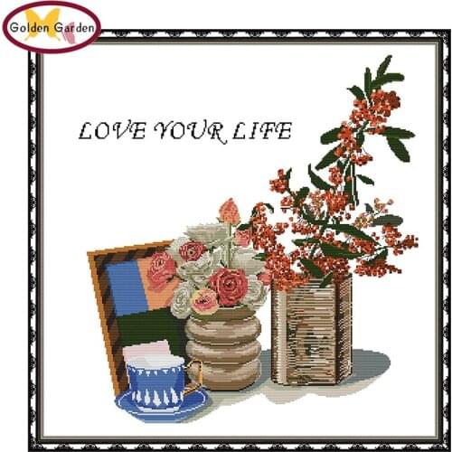 GG Love Life-Roses Stamped Cross Stitch Embroidery Needlework Set Joy Sunday 14CT11CT Counted Cross Stitch Kits for Home Decor