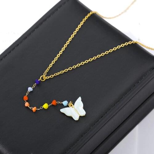 Refined Stylish Butterfly Pendant Necklace For Women Pink & Blue Color Pendant Long gold Chain Choker Boho Jewelry Accesorios